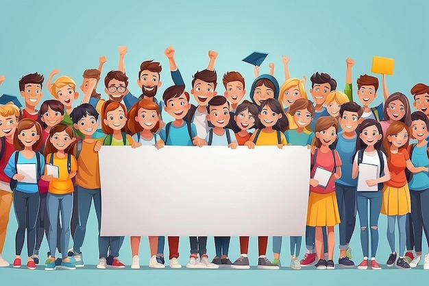 Gruppe fröhlicher Schüler, die ein Banner mit einer Zeichentrickfilm-Vektorillustration in der Hand halten