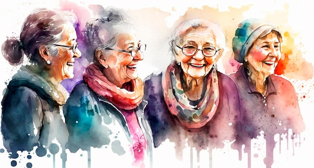 Gruppe glücklicher Frauen, die für den Internationalen Frauentag im Aquarellstil alt sind, zeichnen Generative Ai