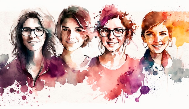 Gruppe glücklicher Frauen für die Aquarell-Stilzeichnung des Internationalen Frauentags Generative Ai