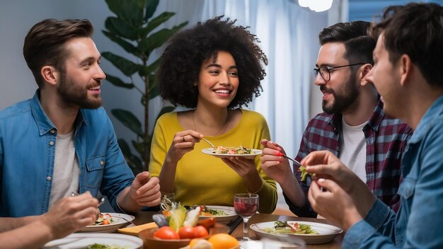 Gruppe glücklicher Freunde, die sich zu Hause am Esstisch über Gespräche und Vorspeisen freuen