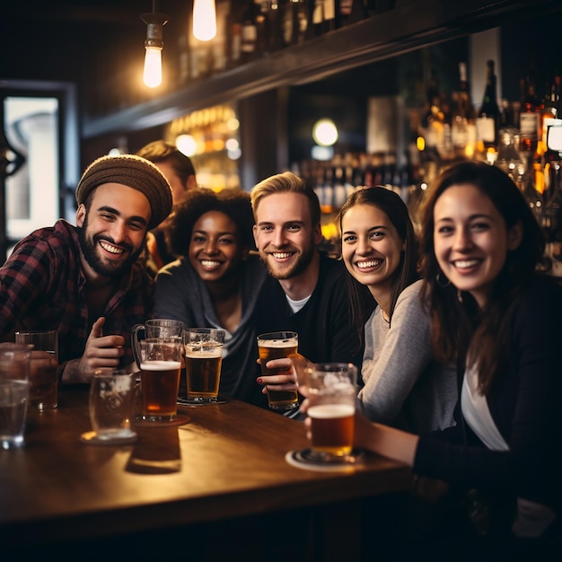 Gruppe glücklicher Freunde trinken Bier in der Brauerei