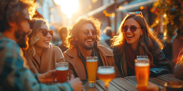 Gruppe glücklicher Freunde trinken Bier, lachen und plaudern an einem Tisch vor der Bar am Sommer an einem sonnigen Tag