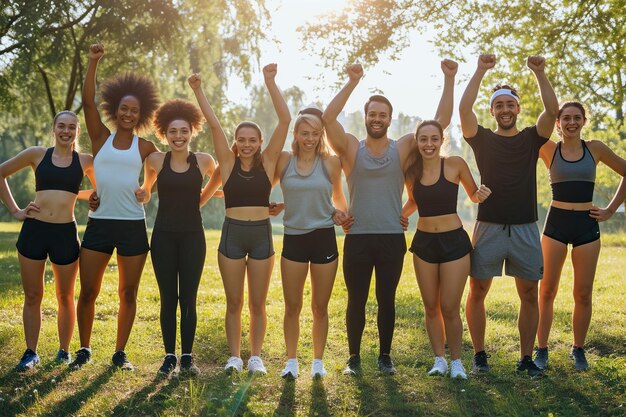 Foto gruppe glücklicher, fröhlicher, energischer, sportlicher, vielfältiger menschen, die auf grünem gras in einem sonnigen park stehen und sie motivieren, den tag mit einem fitness-training im freien zu beginnen