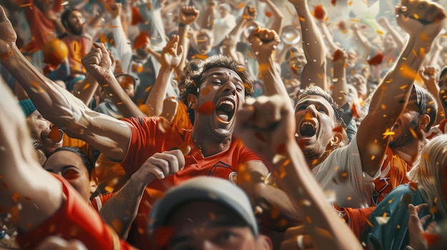 Gruppe glücklicher Fußballfans feiert ein Tor mit ungezügelter Aufregung Menschliche Emotionen im Sport