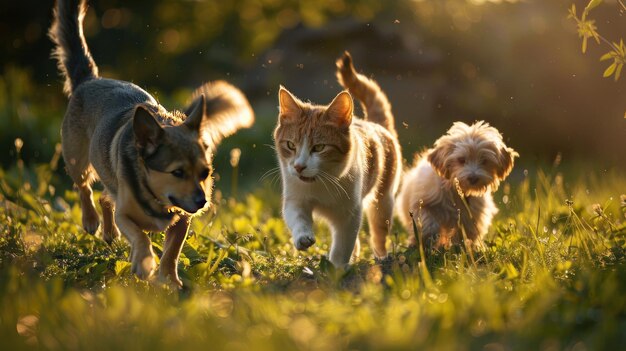 Gruppe glücklicher Haustiere, Katzen und Hunde, die zusammen auf dem grünen Gras auf der Wiese spazieren gehen
