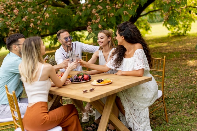 Gruppe glücklicher junger Leute, die mit frischer Limonade jubeln und Früchte im Garten essen