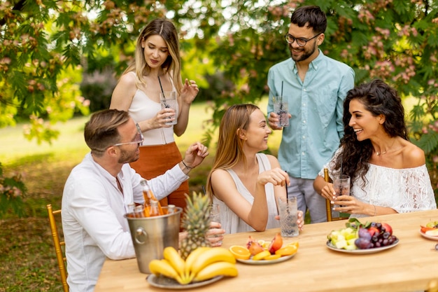 Gruppe glücklicher junger Leute, die mit frischer Limonade jubeln und Früchte im Garten essen