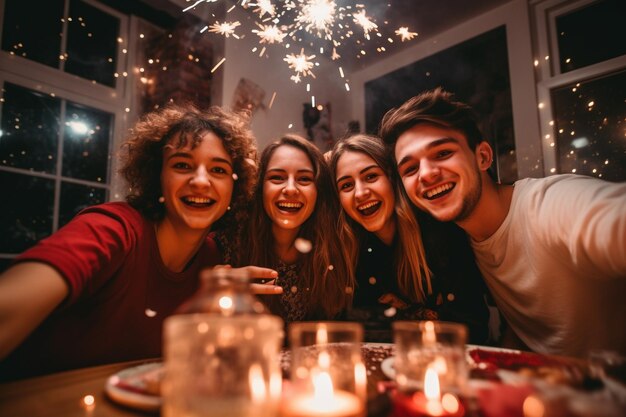 Gruppe glücklicher junger Menschen, die auf einer Neujahrsfeier feiern, Teenagerfreundschaften, die gemeinsam auf der Nachtfeier Spaß haben, Generative KI
