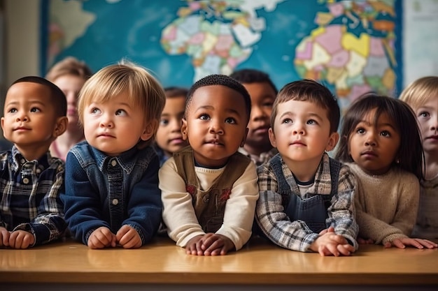 Gruppe glücklicher Kinder, die dem Lehrer im Schulkleinkind am ersten Schultag Aufmerksamkeit schenken, multiethnisch