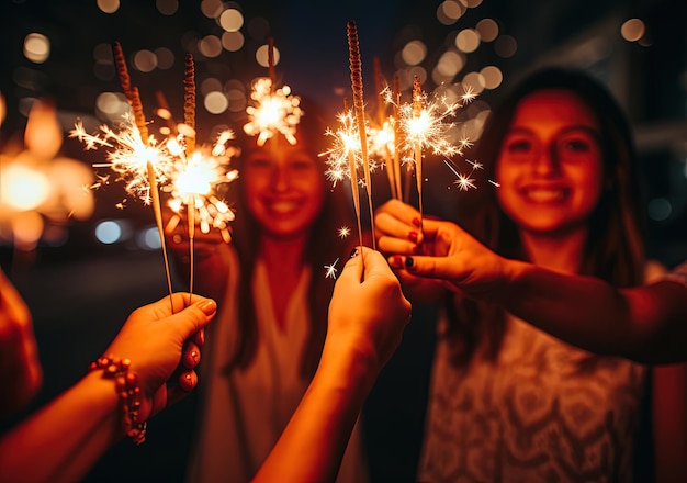 Gruppe glücklicher Menschen mit Funkeln bei einer Neujahrsparty