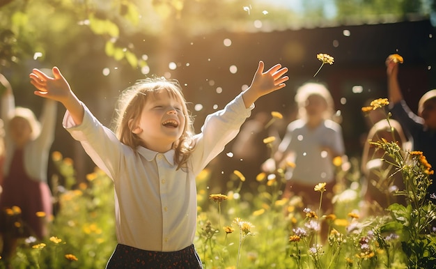 Gruppe glücklicher Schulkinder auf einem Spaziergang