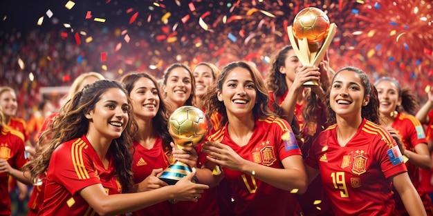 Gruppe glücklicher spanischer Fußballspielerinnen mit WM-Trophäe