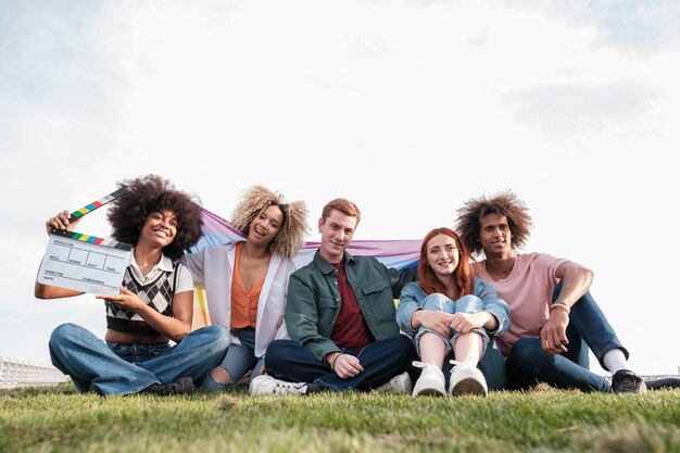 Gruppe heterogener junger Leute, die mit lgtbi-Flagge auf dem Gras im Park sitzen Concept Pride Lifestyle Freundschaft