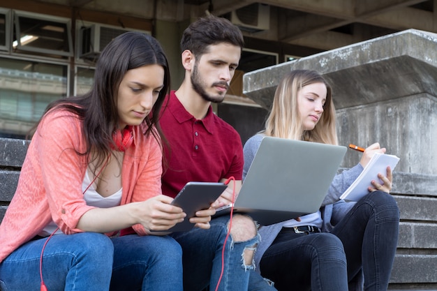 Gruppe Hochschulstudenten, die zusammen draußen studieren