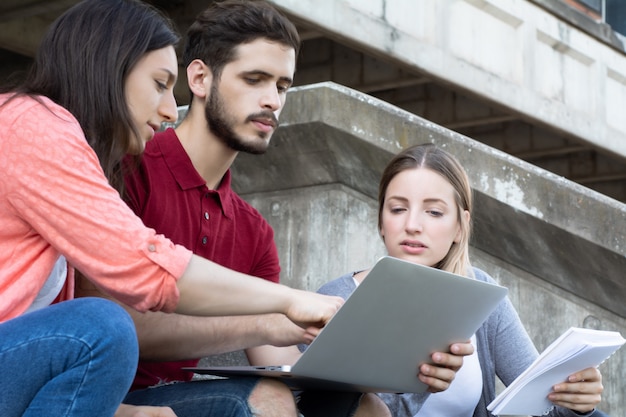 Gruppe Hochschulstudenten, die zusammen draußen studieren