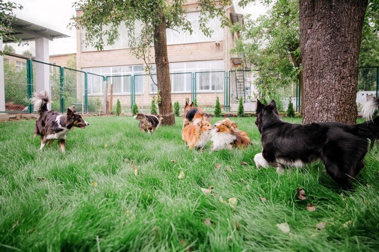 Foto gruppe hunde, die zusammen spielen