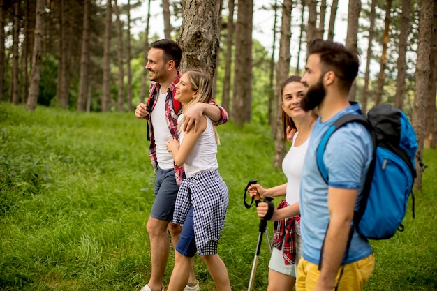 Gruppe junge Leute wandern im Berg am Frühlingstag