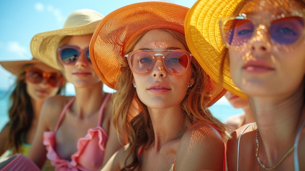 Gruppe junger Frauen mit Sommerhüten und Sonnenbrillen