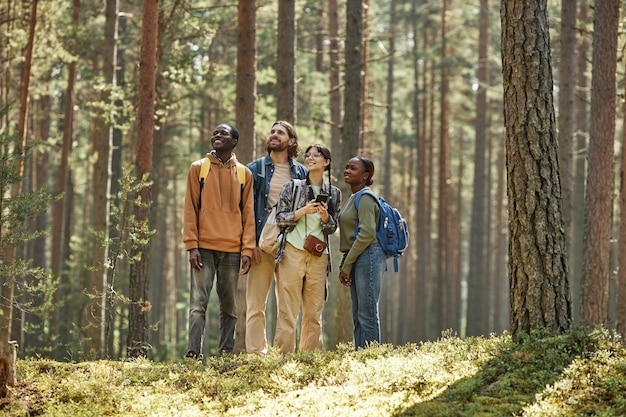 Gruppe junger Leute, die die Natur genießen, während sie beim Wandern im Wald stehen