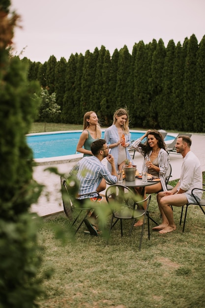 Gruppe junger Leute, die mit Apfelwein am Pool im Garten jubeln