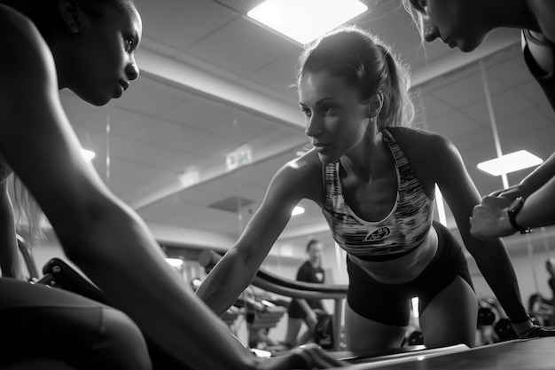 Foto gruppe junger leute trainiert auf einem laufband in einem fitnessstudio schwarz-weiß-foto