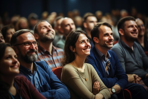 Gruppe lächelnder Menschen, Frauen und Männer auf einer Konferenz, ein Publikum bei einem Seminar, Workshop oder einer Schulung