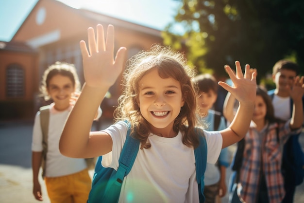 Gruppe lächelndes kleines Kind in der Schule, fröhlich, zieht die Hände nach oben, draußen in der Nähe des Schulkonzepts