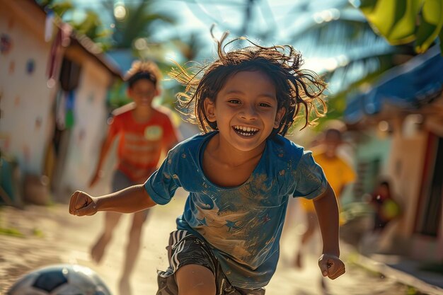 Gruppe lateinamerikanischer Kinder, die an einem Sommertag draußen auf der Straße Fußball spielen