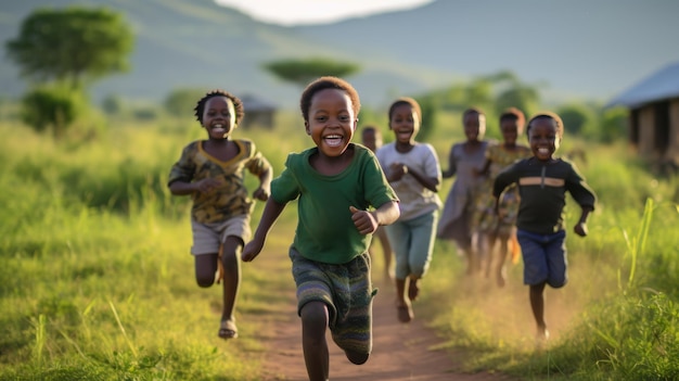 Gruppe laufender, fröhlicher afrikanischer Kinder