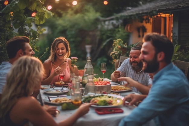 Gruppe multiethnischer, vielfältiger Menschen, die Spaß daran haben, Geschichten miteinander zu teilen und auf einer Dinnerparty im Freien zu essen. Familie und Freunde versammelten sich vor ihrem Haus an einem warmen Sommertag mit generativer KI
