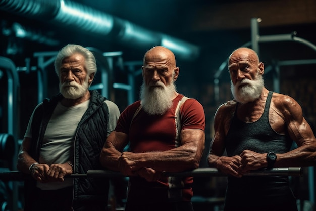 Gruppe muskulöser älterer Männer im Fitnessstudio Generative KI