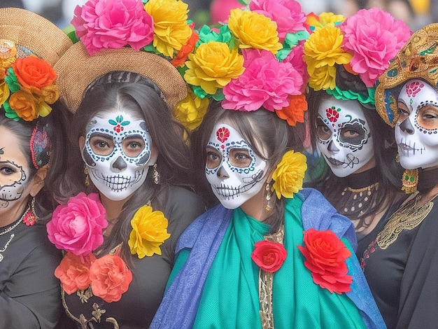 Gruppe nicht wiederzuerkennender Frauen, die traditionelle Zuckermasken tragen, die wunderschön mit generativer KI hergestellt wurden