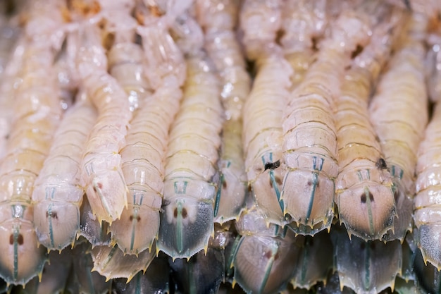 Gruppe rohe frische Gottesanbeteringarnelenmeeresfrüchte, thailändischer Straßenlebensmittelmarkt