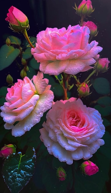 Gruppe rosafarbener Rosen, die nebeneinander sitzen, generative KI