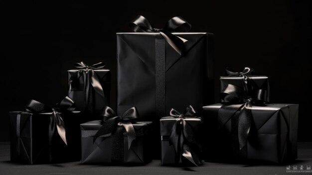 Gruppe schwarzer Geschenkboxen auf schwarzem Hintergrund, erstellt mit generativer KI-Technologie