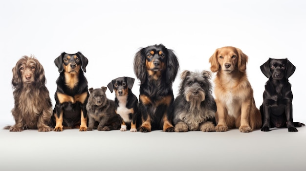 Gruppe sitzender Hunde verschiedener Rassen auf weißem Hintergrund