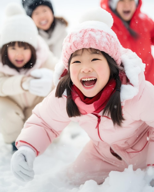 Gruppe spielender Kinder, die Spaß im Schnee haben