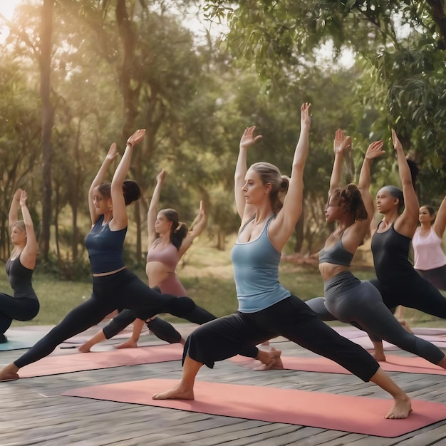 Gruppe sportlicher Menschen und Yoga-Lehrer, die im Freien Yoga machen