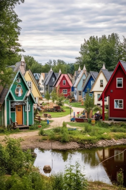 Gruppe umweltfreundlicher Tiny Houses in einem Dorf, die mit generativer KI erstellt wurden