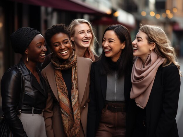 Gruppe verschiedener Frauen spricht und lacht auf der Straße Frauen Gemeinschaft Freundschaft und Zusammenhalt