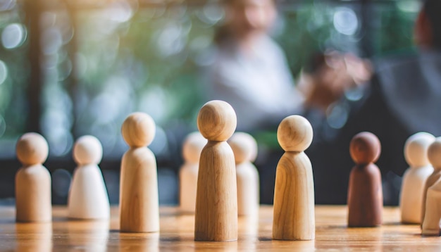 Gruppe verschiedener Holzfiguren in einer Linie, die Einheit, Teamarbeit und Gemeinschaft im sozialen Leben symbolisieren