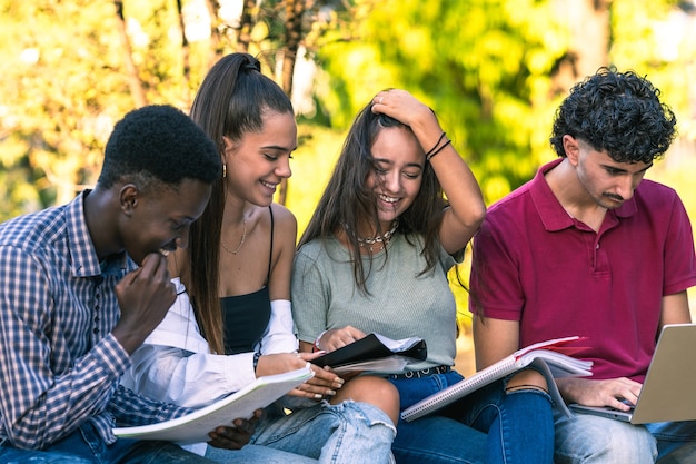 Gruppe verschiedener Studenten, die Notizbücher lesen und einen Laptop im Freien verwenden