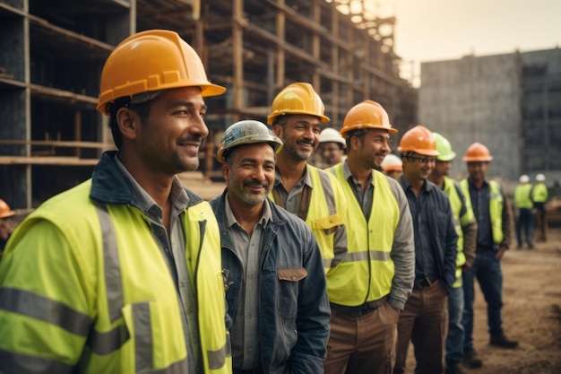 Foto gruppe von bauarbeitern mit hüten und sicherheitsanzügen auf der baustelle