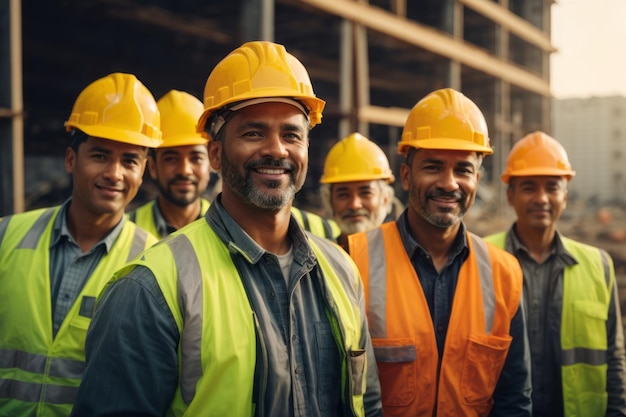 Gruppe von Bauarbeitern mit Hüten und Sicherheitsanzügen auf der Baustelle