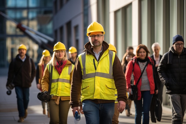 Gruppe von Bauunternehmern mit gelben Hut auf einer Baustelle