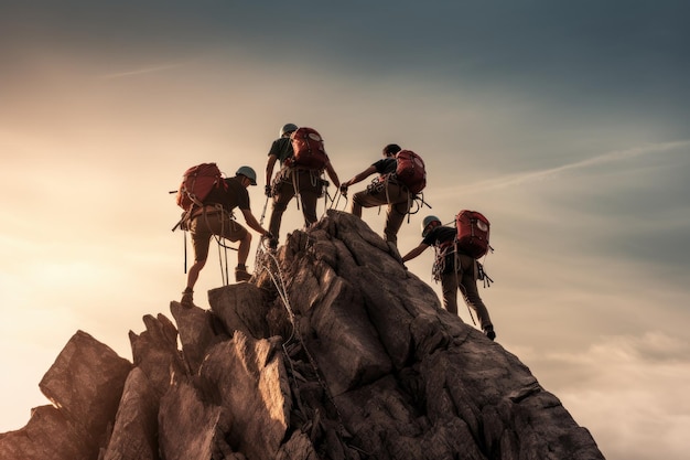 Gruppe von Bergsteigern auf dem Gipfel eines Berges bei Sonnenuntergang in Italien. Bergsteiger helfen einem anderen Bergsteiger beim Aufstieg. Rückansicht. Keine sichtbaren Gesichter. KI-generiert