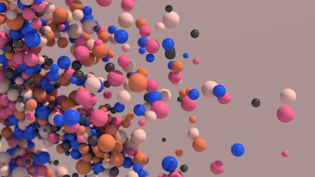 Gruppe von blauen beige rosa orange schwarzen Bällen, die beige Hintergrund fliegen Abstrakte Illustration 3d übertragen