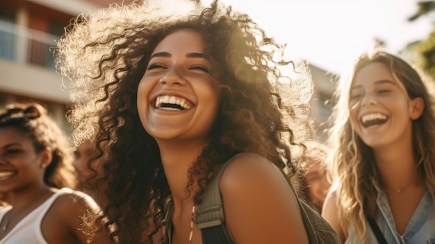 Gruppe von College-Freunden posiert lachend