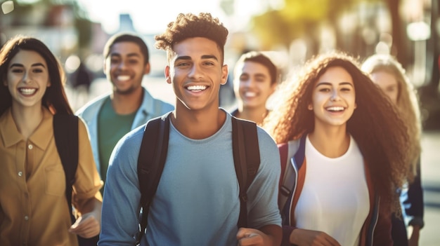 Gruppe von College-Freunden posiert lachend