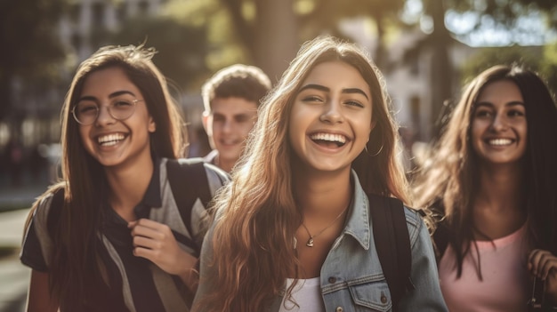 Gruppe von College-Freunden posiert lachend